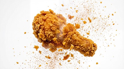 Golden Delight: A single, crispy, and flavorful fried chicken drumstick floats amid a scattering of breading crumbs, representing the ultimate indulgence in taste and texture.