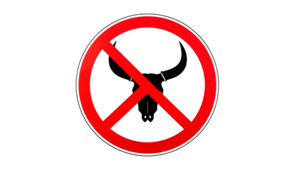 A round red and white sign with a black bovine skull symbol, crossed out, on black