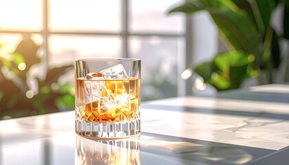 A glass of whiskey with ice cubes sits on a marble table, illuminated by warm sunlight
