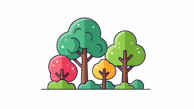 A stylized illustration of a cluster of trees in vibrant colors, with rounded canopies and simple trunks