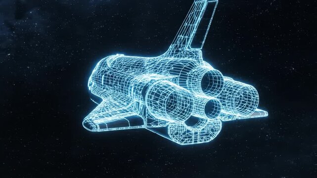Wireframe space shuttle model glowing blue neon lines against starry background. futuristic passenger spacecraft silhouette with blue neon edge lights and glowing engine exhaust. 3d wireframe space