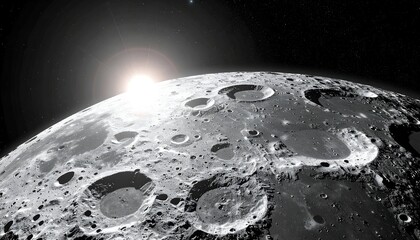 A breathtaking view from the moon's surface, illuminated by the distant sun and showcasing craters