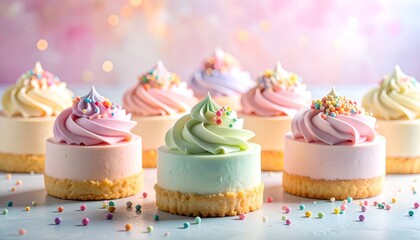 A beautifully arranged display of colorful mini cakes topped with swirls of frosting and sprinkles