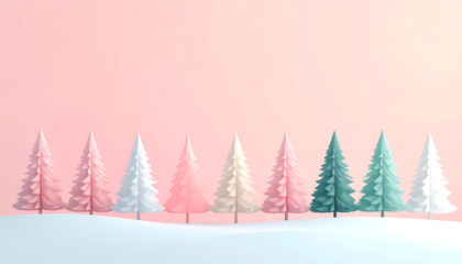 Pastel Winter Trees on Snowy Landscape with Pink Background
