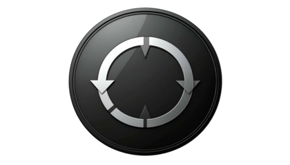 Shiny black button with silver circular arrows, centered on a black background
