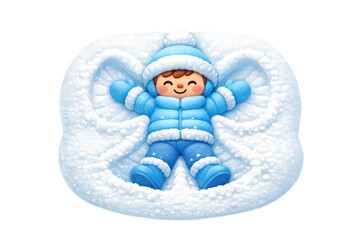 Fototapeta premium Joyful winter snow angel scene with child making snow angel in blue suit