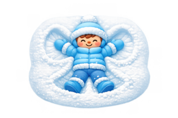Joyful winter snow angel scene with child making snow angel in blue suit