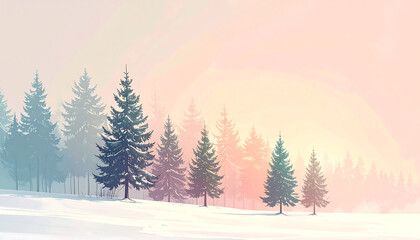 Serene winter landscape with snow-covered pine trees and a soft pastel gradient sky. Tranquil snowy forest scene, festive season.