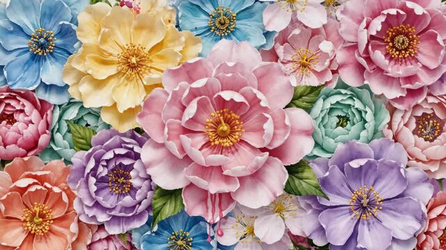 Animated watercolor flowers blooming. Colorful floral pattern filling the frame. Spring and nature art for celebration and Valentine's Day