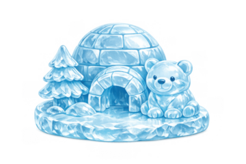 Arctic ice sculpture featuring igloo and bear with tree - winter scene design for art and decor