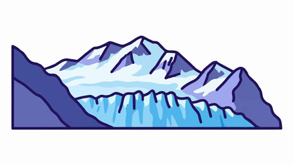 A stylized, simplistic illustration of a snow-capped mountain range and glacier