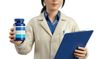 Doctor or scientist holding a pill bottle and clipboard