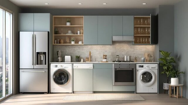Medium shot of a compact kitchen featuring multiple energyefficient appliances designed to reduce household electricity usage while maintaining functionality.