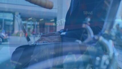 Animation of statistics and data processing over man using smartphone - Powered by Adobe