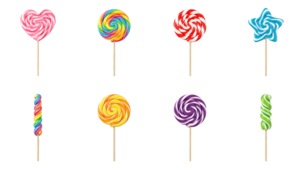 Colorful lollipop set including heart, star, round, and spiral swirl hard candy shapes isolated. Sweet treat and confectionery collection.