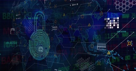 Animation of digital biometric padlock and data processing over world map background - Powered by Adobe
