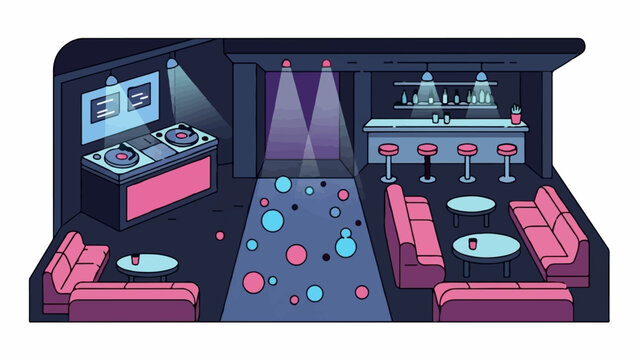 A stylized isometric view of a nightclub with a DJ booth, bar, seating, and dance floor