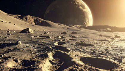 A lunar landscape with rocks and craters under a distant planet, showcasing extraterrestrial beauty