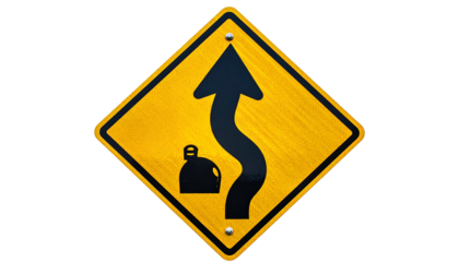 Yellow diamond road sign warns of sharp curves ahead, featuring a stylized road and object