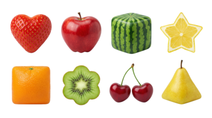 Creative fruit collection including strawberry heart, square orange, star lemon, and cube watermelon isolated. Conceptual healthy food and geometry design.