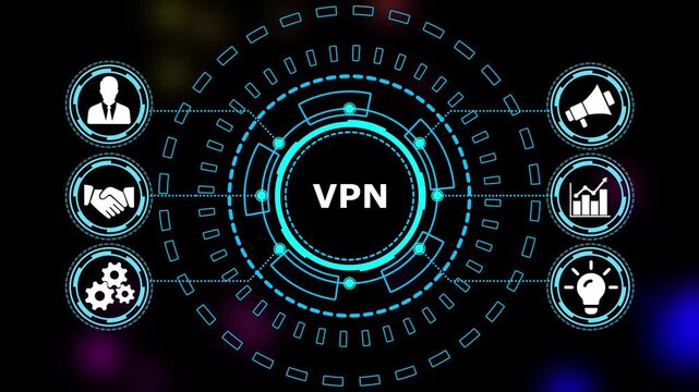 4k abstract technology background. VPN, Virtual private network protocol concept. glowing neon line animation of VPN icon on virtual screen for connect to VPN