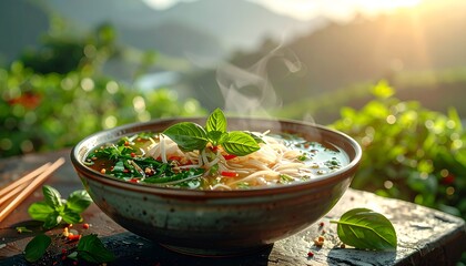 A steaming bowl of savory noodles garnished with fresh herbs against a sunlit mountainous backdrop