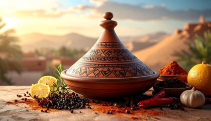 A beautifully arranged traditional tagine surrounded by vibrant spices and fresh ingredients