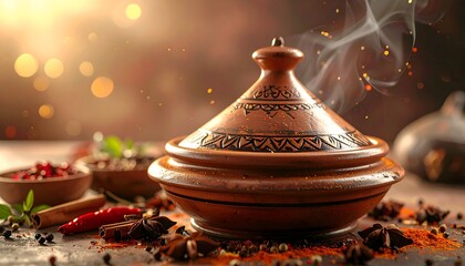 A beautifully styled clay pot emits aromatic steam surrounded by various colorful spices