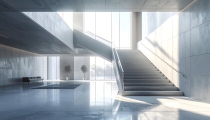 Bright, modern interior showcasing a staircase, large windows, and minimalist furniture design