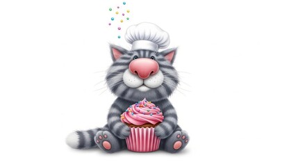 A charming gray striped cat wearing a chef's hat, holding a pink cupcake with sprinkles. AI generated.