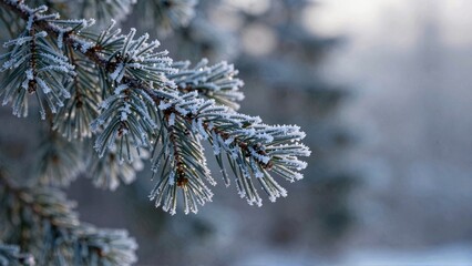 Frostcovered pine branches in winter forest