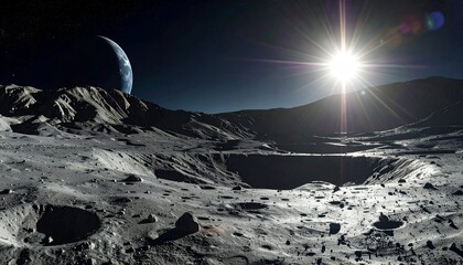 A breathtaking lunar landscape with Earth's distant view and a brilliant sun illuminating the scene