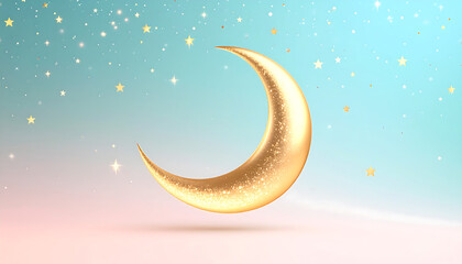 Elegant Golden Crescent Moon & Stars on Pastel Blue Pink Gradient Background