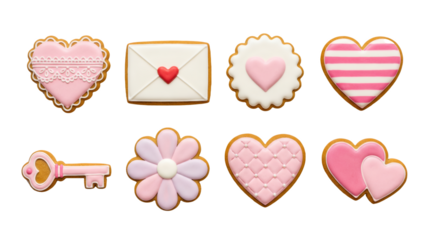 Valentine gingerbread cookie set including heart, envelope, flower, and key shapes with pink icing isolated. Romantic bakery and holiday treats collection.