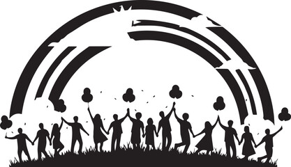 Community celebration under rainbow
