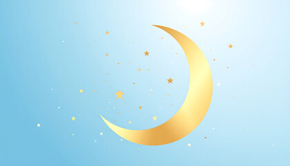 Dreamy Golden Crescent Moon and Sparkling Stars on Gentle Blue Gradient Background