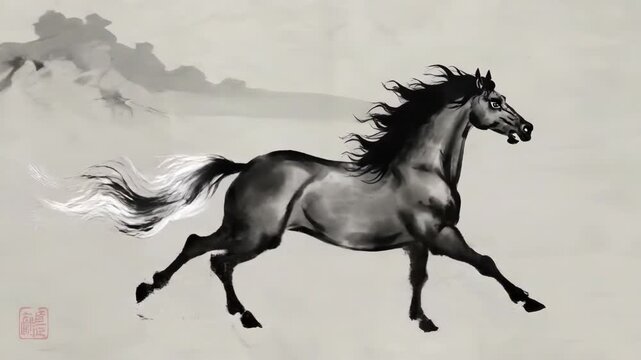 Animated ink wash painting of a galloping horse running on paper background. Traditional Chinese art style with black brush strokes and calligraphy. Year of the Horse zodiac concept