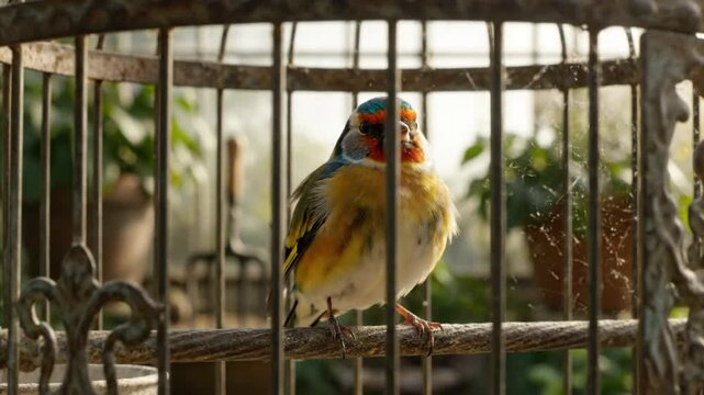 Brightly Colored European Goldfinch Bird Perched in a Vintage Rustic Birdcage, Close Up View