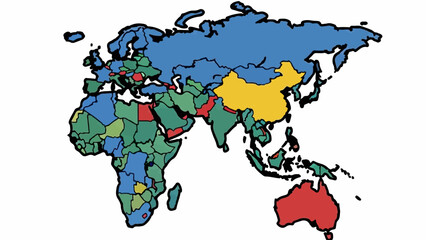 Obraz premium A stylized, hand-drawn map of the world, depicting continents in various solid colors with black outlines