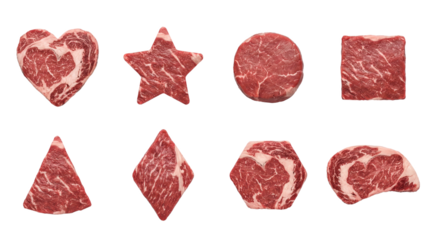 Raw beef steak set including heart, star, circle, square, triangle, diamond, hexagon, and natural ribeye shapes isolated. Creative meat and butcher concept.