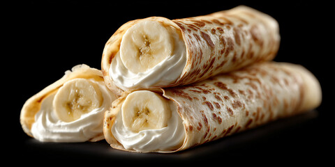 Three rolled crepes filled with a creamy filling and topped with banana slices, offering a delicious treat on dark background. The crepe is light brown, with creamy filling and banana slices