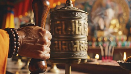A monk's hand spinning a traditional Tibetan prayer wheel. Close-up of a religious ritual in a Buddhist temple. Spirituality and meditation concept
