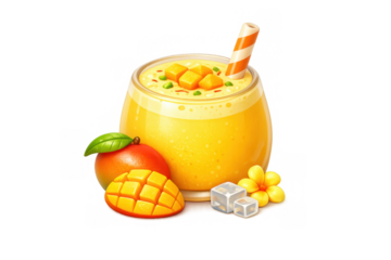 Refreshing mango lassi beverage icon with straw and ice cubes for summer designs