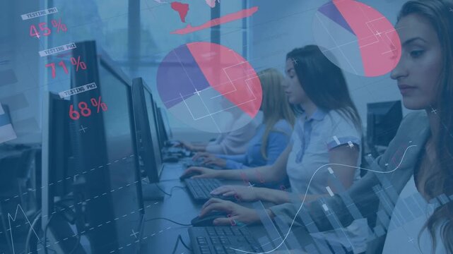 Animation of multicolored infographic interface over multiracial coworkers working on computers