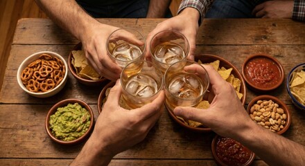 Friends toasting drinks at a party with snacks on a wooden table