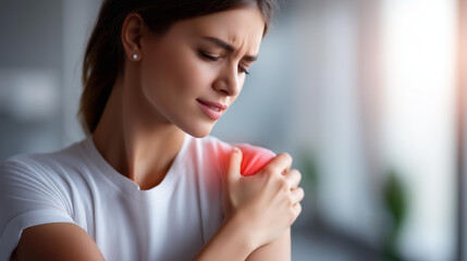 Shoulder pain: Young woman holding left shoulder with right hand, bright red highlighted area on shoulder joint, strained face expression, white t-shirt, natural indoor lighting, detailed anatomy