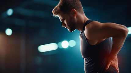 Lower back pain: Athletic man reaching hand to lower back, glowing red area on lumbar spine, bent posture, gym outfit, side view angle, dramatic lighting, photorealistic rendering