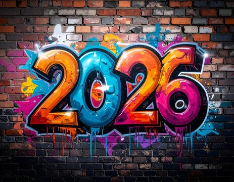 Colorful graffiti art of the year 2026 on a weathered brick wall (2) - Powered by Adobe