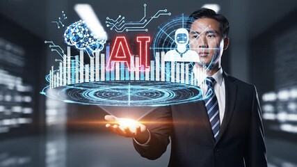 Professional businessman showcases a futuristic AI holographic interface for smart automation, data analysis, and digital transformation, driving efficiency, productivity, and informed business... - Powered by Adobe