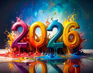 Colorful 2026 numbers in vibrant hues, paint splashing background